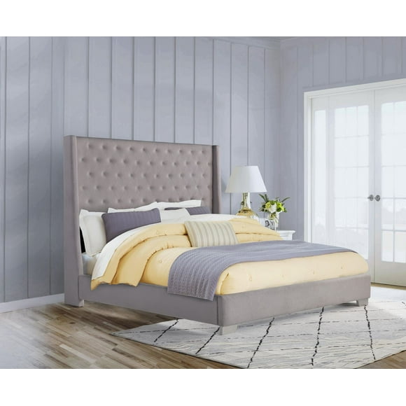 K-Living Daria Boucle Fabric Upholstered King Size Bed in Grey Color