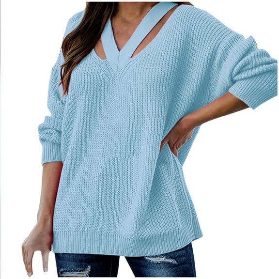 Women's Cut Out Tops Sexy Casual Plain T Shirts Tunic Tops Solid Color Loose Knit Sweater V-neck Blouse Tshirt