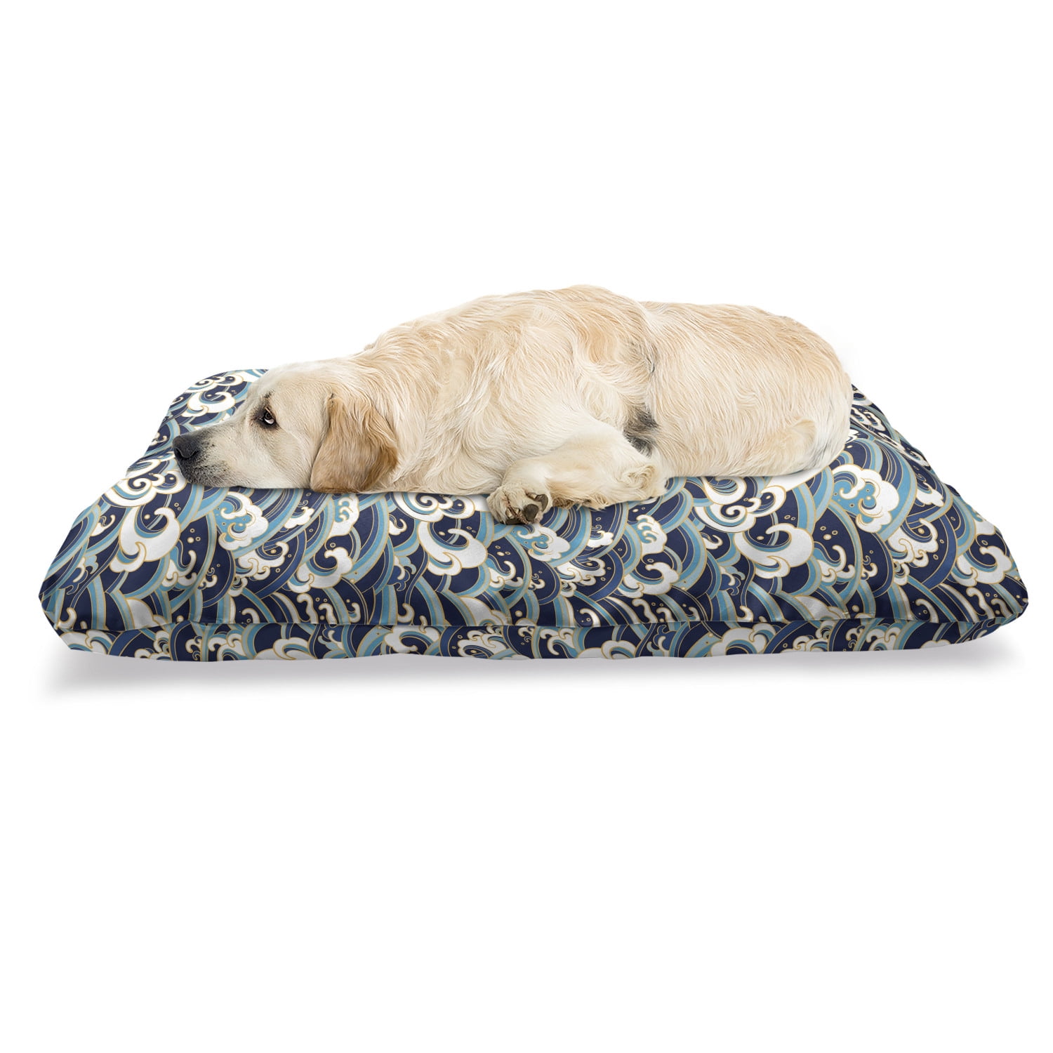 Nautical Pet Bed, Traditional Oriental Style Ocean Waves Pattern Foam