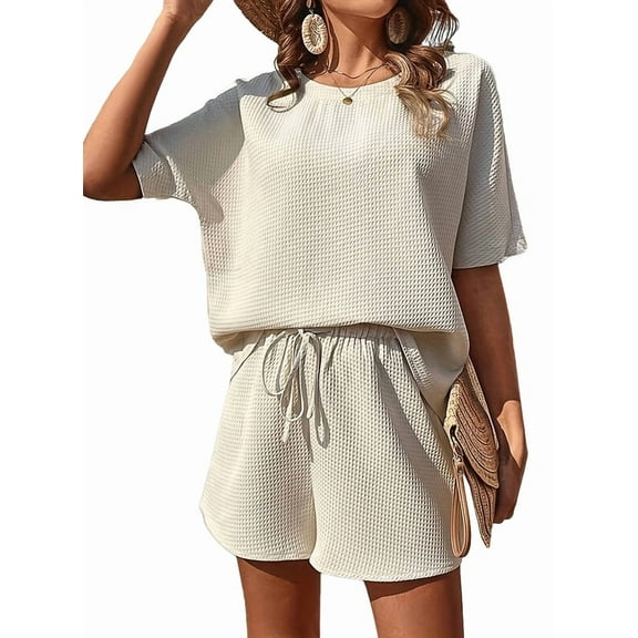 Pajamas Set for Women Waffle Knit Lounge Set 2 Piece Outfits Loungewear Sweatsuit with Pockets Cream White M