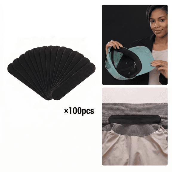 ROSEXIXI 100Pcs Black Disposable Hat Sweat Liner, Self-Adhesive Sweat Pads, Ultra Absorbent Hat Brim Protector & Stain Guards, Universal Fit for Baseball Caps, Golf Hats.