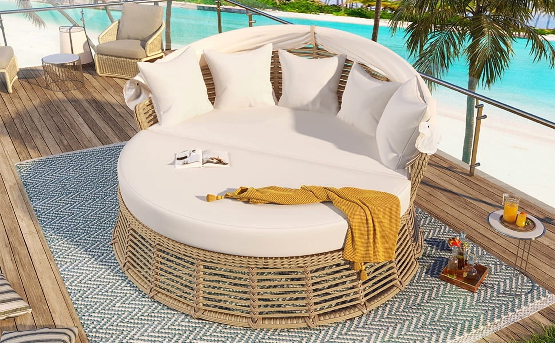 Outdoor Round Daybed, Rattan Frame with Retractable Canopy and Removable Cushions for Backyard Porch, Beige