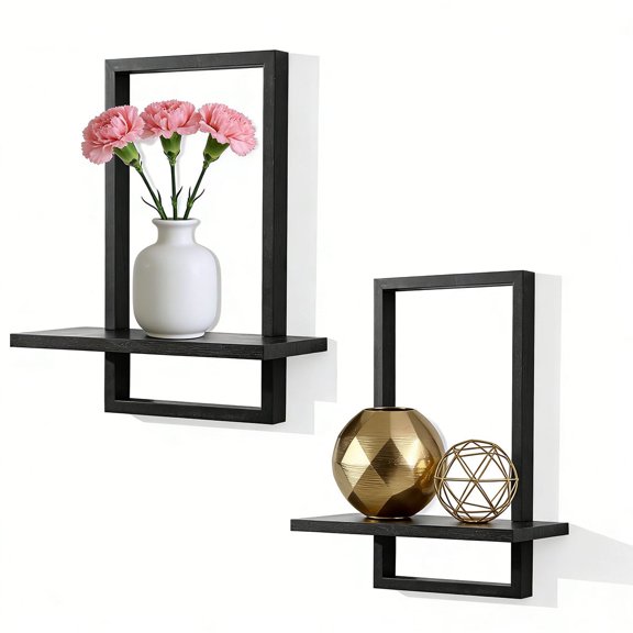 Square Floating Shelves, Solid Wood Wall-Mounted Plant Stand, Space-Saving Shelf for Bathroom, Office, Bedroom Decor, Set of 2