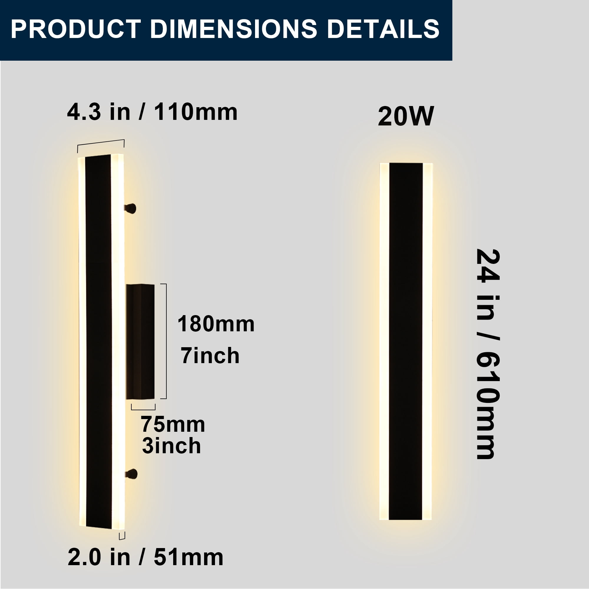Melucee 2 Pack Long Outdoor Wall Lights, LED 24in Exterior Lighting Fixtures, IP65 Waterproof Matte Black Linear Outside Sconce