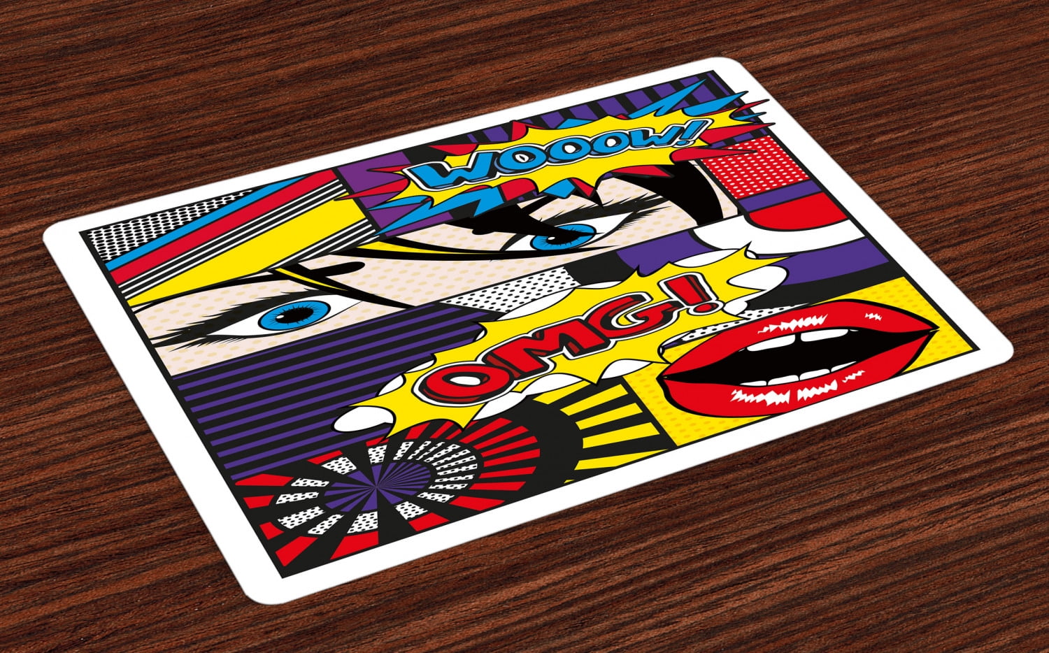 Art Placemats Set of 4 Comic Book Inspired Style Wooow Omg Eyes Reading