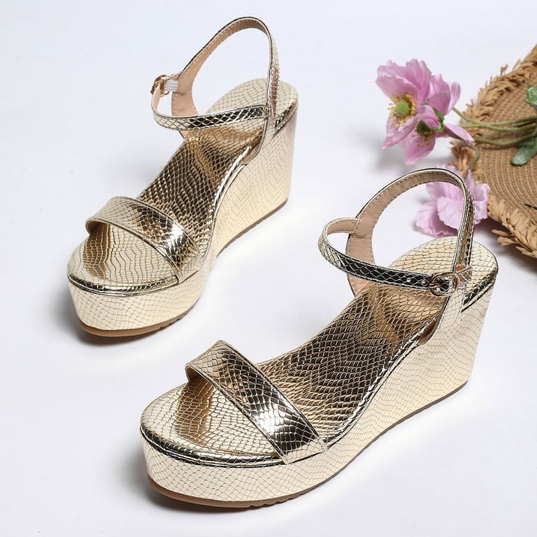 gold wedge dress sandals Wedge Sandals for Women Ankle Strap Platform Heels Open Toe Glitter Leather  Retro Pattern Solid Dress Shoes Gold Size 8