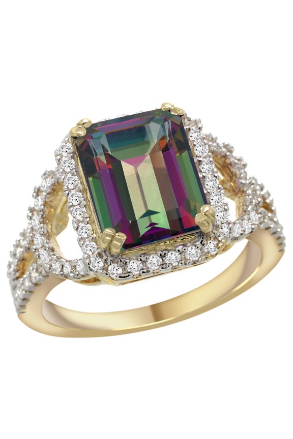 14k Yellow Gold Natural Mystic Topaz Ring Octagon 10x8mm Diamond Halo, 1/2inch wide, size 5.5