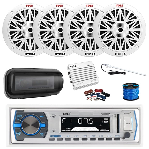 Pyle PLMRB29W Marine Single DIN Bluetooth MP3 Stereo Receiver, Cover, 4-Channel Amplifier w/Kit, 4x 6.5" 200 Watt Peak Full Range 2-Way Waterproof Speakers w/Wire, Long Range Radio Antenna