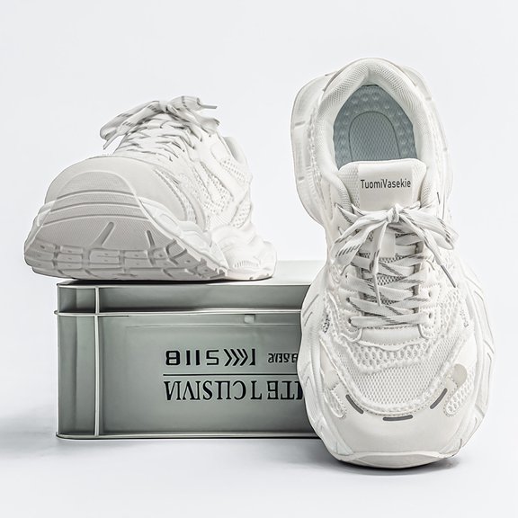 Men's All White Mesh Chunky Dad Sneakers Shock Absorbing Non Slip Height Increasing Retro Street Walking Shoes