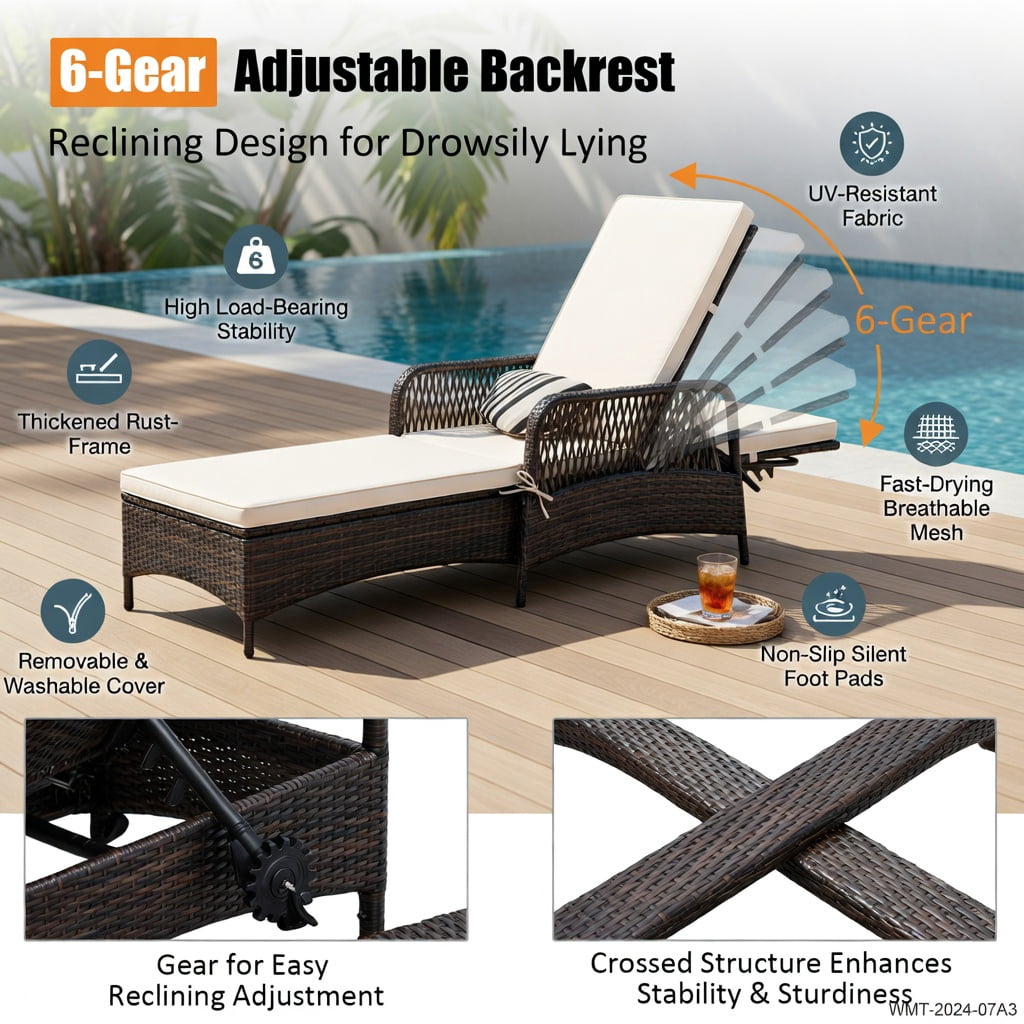 Hommoo Adjustable PE Rattan Chaise Lounge Chair with Cushion & Lumbar Pillow, Outdoor Patio Recliner for Poolside, Balcony, Lawn, Off White