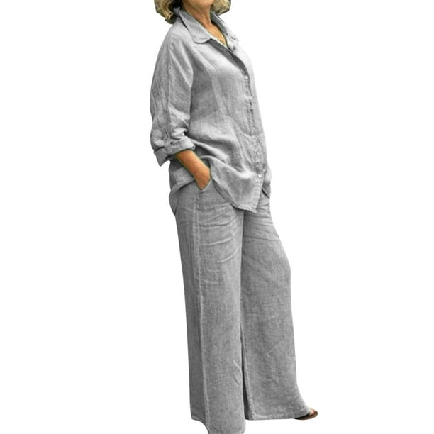 Conjunto de dos piezas de manga larga para mujer: top y pantalones anchos, poliéster, playa/vacaciones - Tallas S-XXXXL