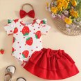 thumbnail image 2 of Toddler Baby Girl Summer Outfits Strawberries Print Romper & Ruffle Solid Skirt with Headband 3-Piece Set, 2 of 5