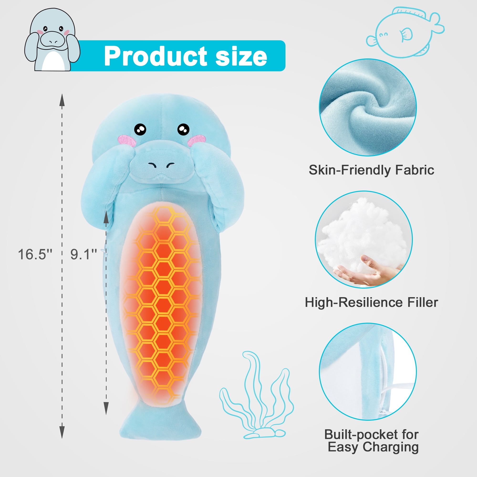 Manatee Heating Pad Plush for Period Cramps,Menstrual Pain Relief,Cute Stuffed Animal Electric Heat Plush,USB Powered Heated Toy,Portable Warm Cushion Gift for Women Teen Girls Christmas,Blue