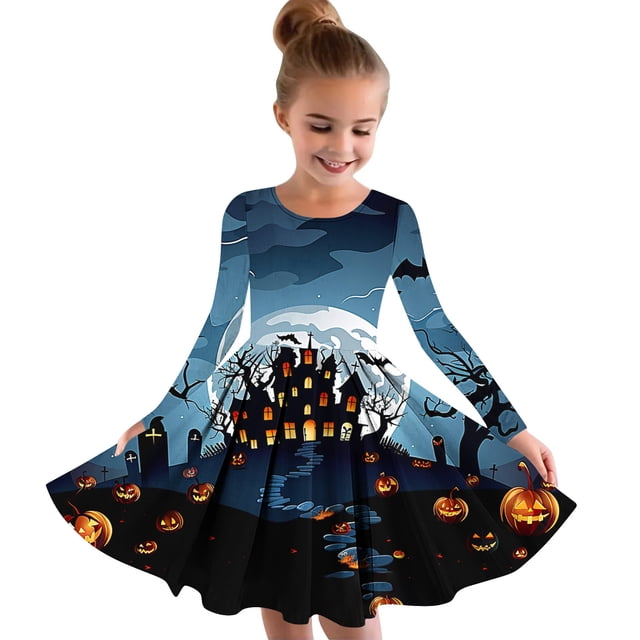 Robes d'Été Décontractées pour Enfants Manches Longues Col Rond 4-14 Ans Robe Princesse Imprimée Halloween Manches Longues Col Rond Multicolore 140