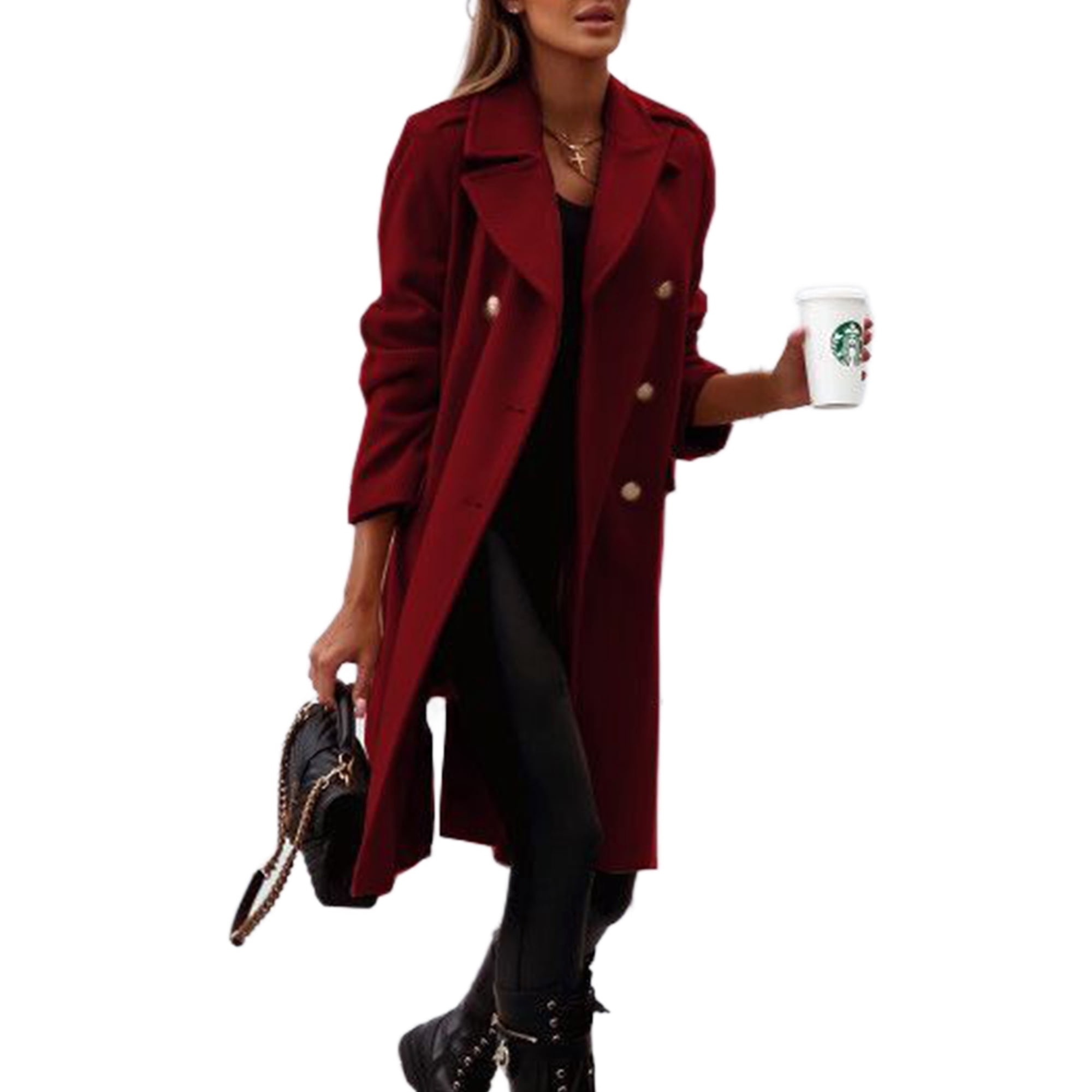Bellella Ladies Wool Pea Coat Solid Color Trench Coats Double Breasted Overcoats Warm Long Sleeve Cardigans Winter Outwear Wine Red M Walmart