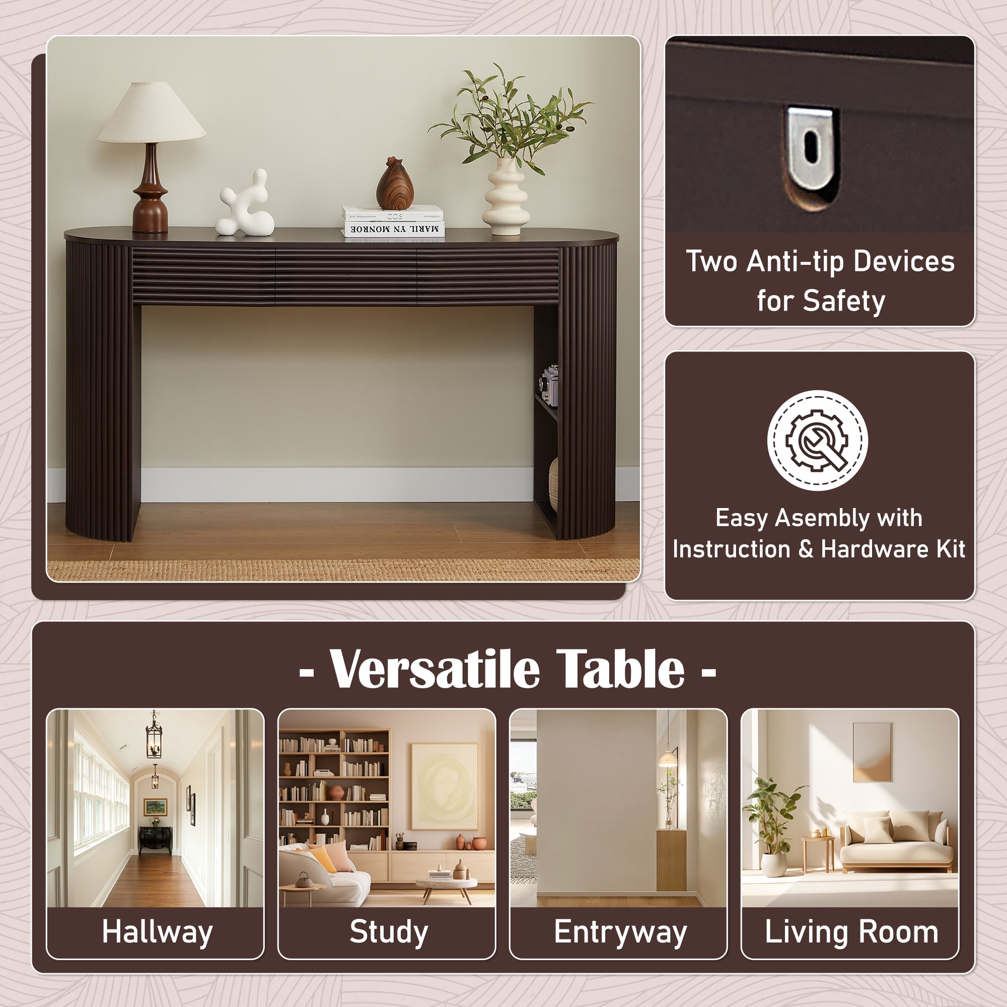 Mintazer 60"L Console Table with 3 Storage Drawers & 1 Table-Leg Niche for Entryway Living Room Hallway,Bedroom, Espresso