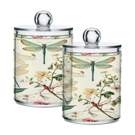 WOBOGO Dragonfly Print Painting Transparent Plastic Jar 2pcs Cotton Swabs Balls Pads Floss Stick Dispenser Bathroom Vanity Storage Organizer