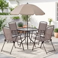 thumbnail image 2 of Arlopu 6pcs Outdoor Patio Dining Set, Patio Table & 4 Folding Textilene Chairs & 65″ Umbrella for Poolside Backyard Garden, Brown, 2 of 10