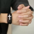 thumbnail image 3 of 20cm Black Genuine Leather for Male Bracelet Silver/Black Cross Bangle 7.87", 3 of 7