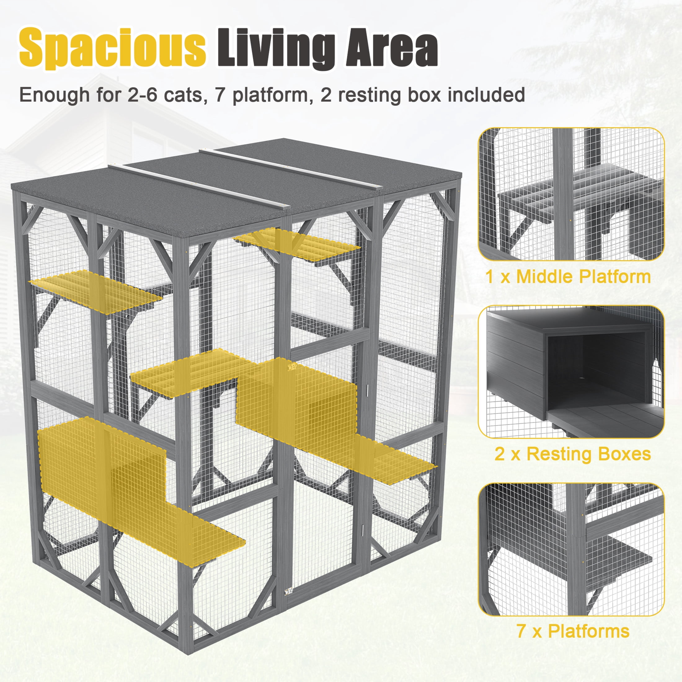 Noble House Large Outdoor Cat Enclosure, Wood Cat House with 6 Platforms & Lockable Doors for Patio Garden, Gray