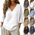thumbnail image 7 of Women's V Neck 3/4 Sleeve Linen Blouse Loose Fit Solid Color Summer Top, 7 of 7