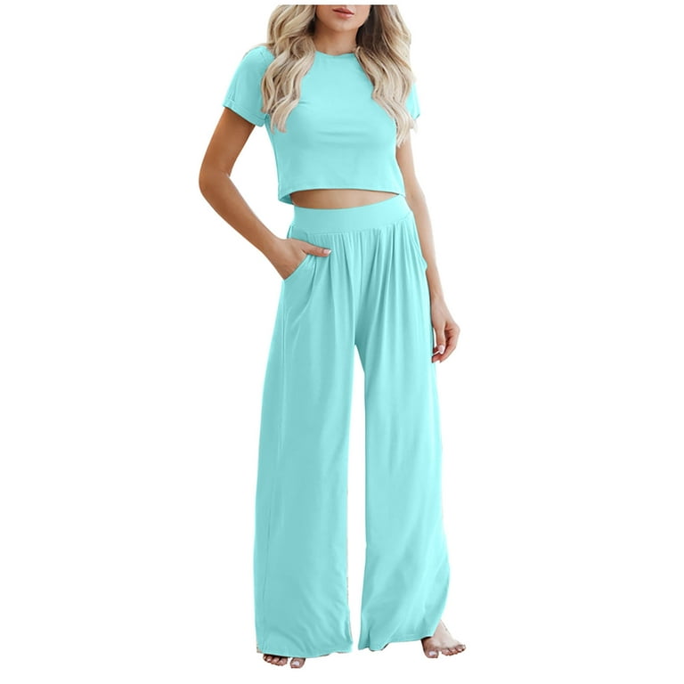 Summer Two Piece Outfits for Women Sexy Short Sleeve Crop Short Sleeve  Tight Fitted Top Wide Leg Pants Set 2023