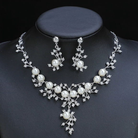 Sunyuer Wedding Jewelry Sets Leaf Rhinestone Necklace Set Formal Pearl Costume Jewerly for Women and Brides
