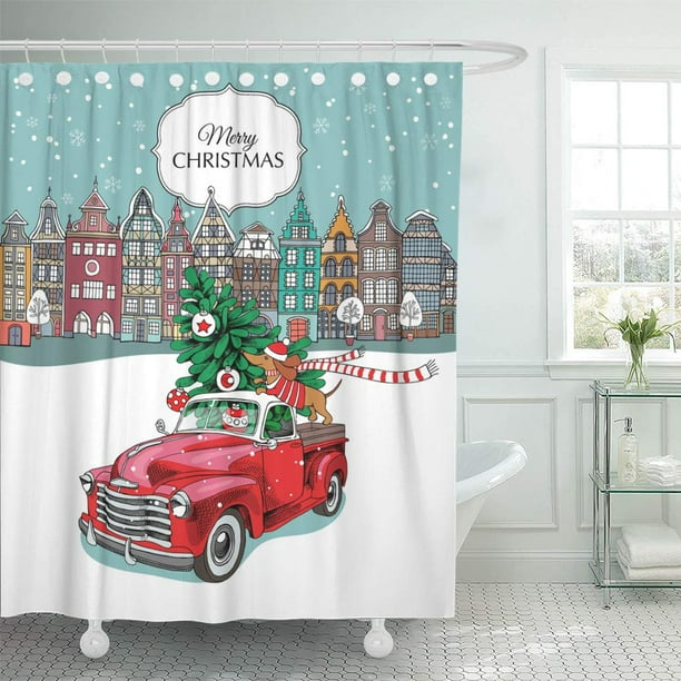 CYNLON Green Auto Christmas Red Retro Truck Fir Tree Bathroom Decor Bath Shower Curtain 66x72
