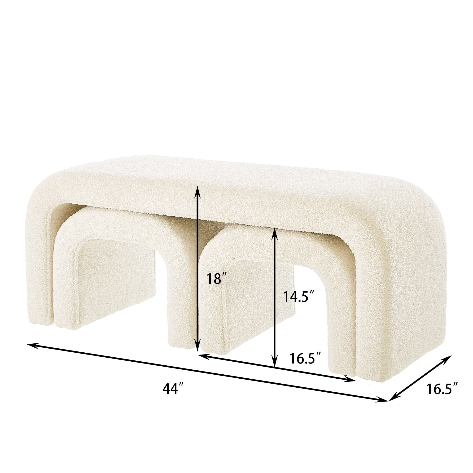 3-Piece Ottoman Bench Set, 44" Upholstered End of Bed Bench with 2 Nesting Stools, Teddy Fabric Entryway Bench, Modern Footrest & Extra Seating for Living Room Bedroom,White