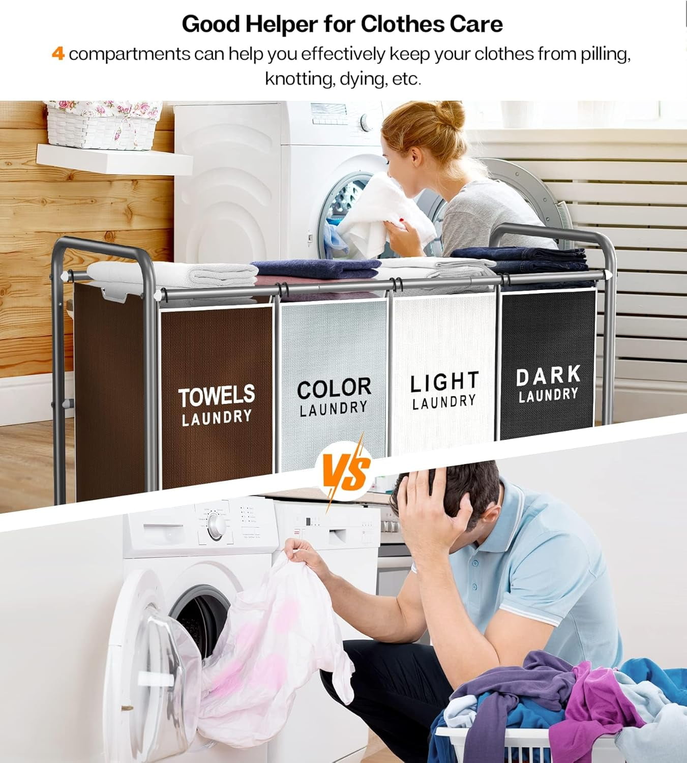 Laundry Hamper Sorter Cart: 4-Section Organizer with Heavy-Duty Lockable Wheels and Removable Bags | 172L Rolling Laundry Basket for Dirty Clothes in Laundry Room or Small Spaces (Multicolor)