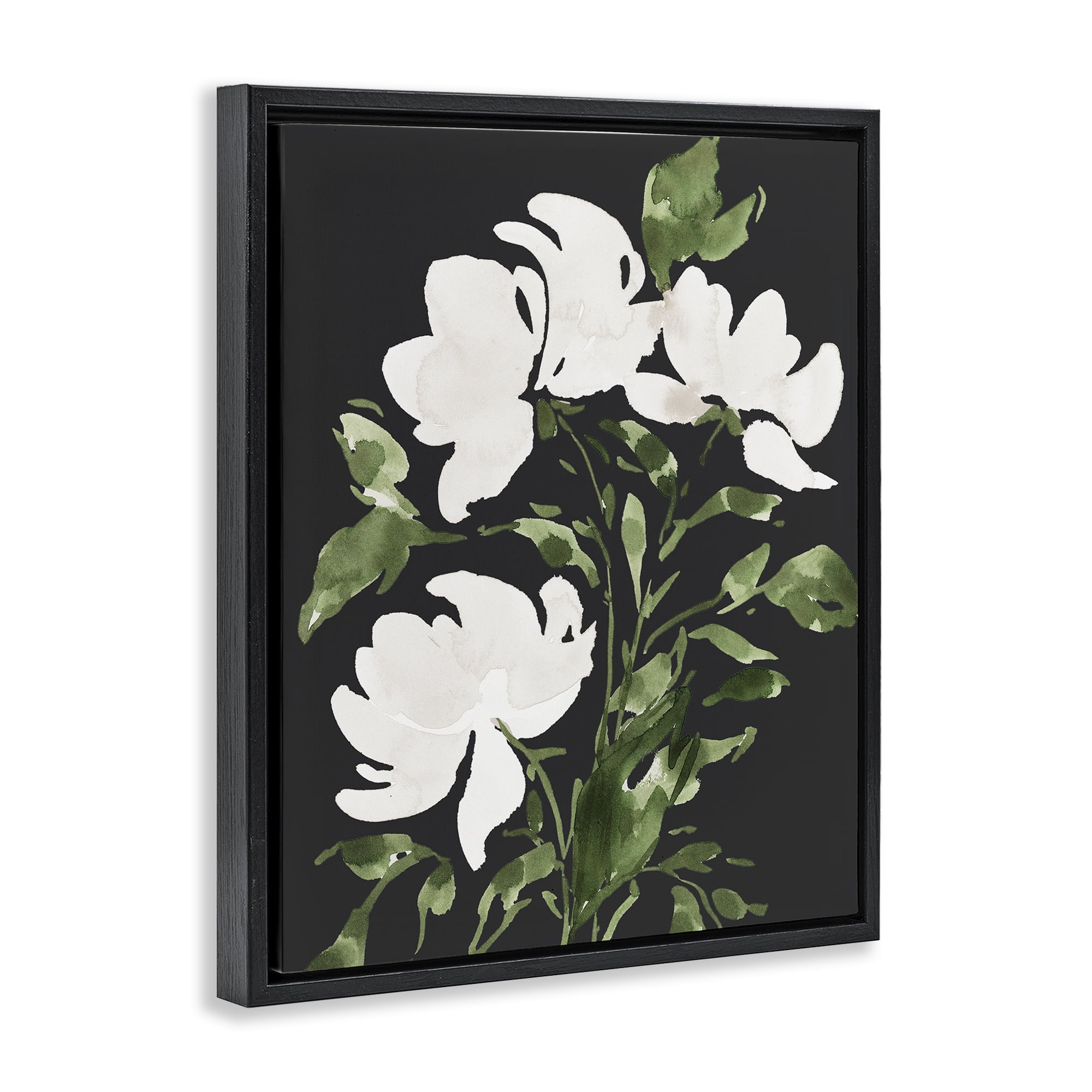 Stupell Industries White Over Black Floral Black Framed Floater Canvas Wall Art, design by Lucille Price