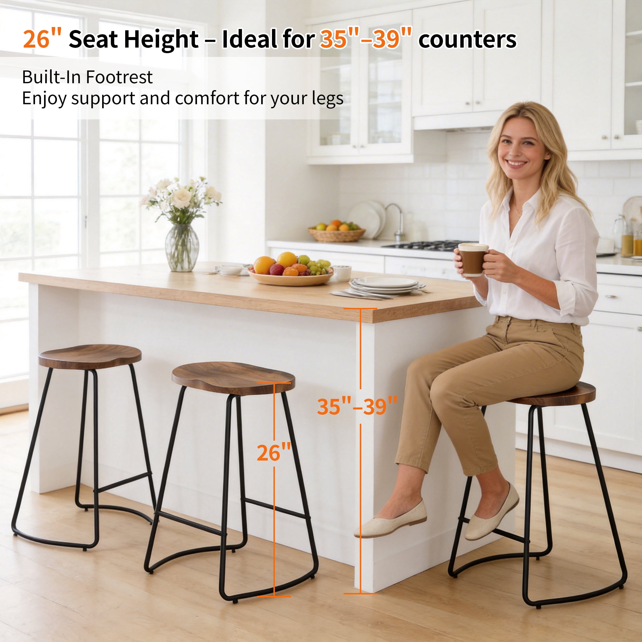 FIRAVOE Counter Height Bar Stools (Saddle Seat Backless) Barstools Set of 2, 26" Rustic Wooden Counter Stools Kitchen Stools
