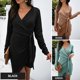 thumbnail image 3 of Vestido de manga larga con cuello en V, minivestido sólido con cintura y lazo, vestido irregular Irfora Beige/Medio, 3 of 7