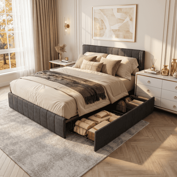Aiho Queen Bed Frame, Upholstered Platform Bed with Sturdy Metal Frame and 4 Under-Bed Drawers - Dark Gray