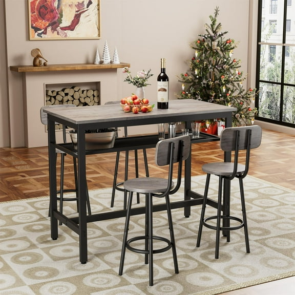 Demi Bonn Bar Table and Chairs Set of 5 with Metal Frame and Storage Rack, 43" Rectangular Pub Table with 4 Stools for Small Space, 5-Piece Breakfast Table Set, Gray