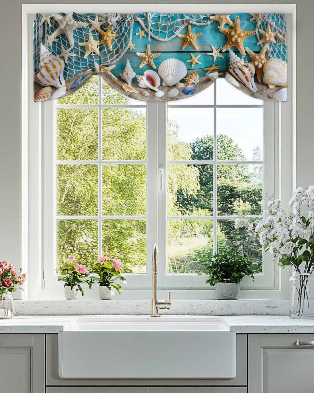 Coastal Beach Tie Up Valances Curtain, Adjustable Kitchen Conch Starfish Valances for Windows Decor, Rod Pocket Short Curtains Set for Bedroom/Bathroom, 60"x18"