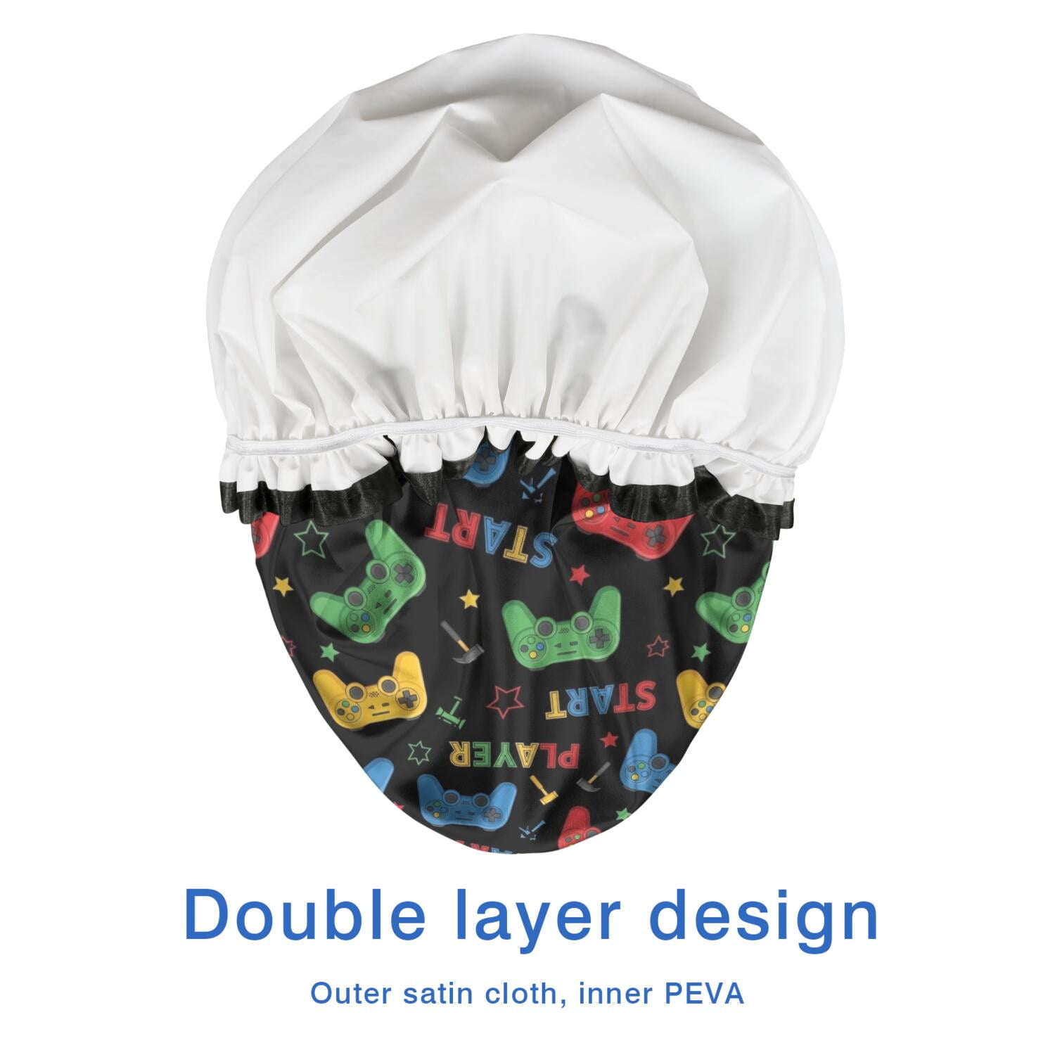 Shower Caps,Multicolor Controllers Games Text Black Pattern Waterproof Shower Cap for Women 4 Pieces,Double Reusable Hair Cover for Shower PEVA Elastic Stretch Hem