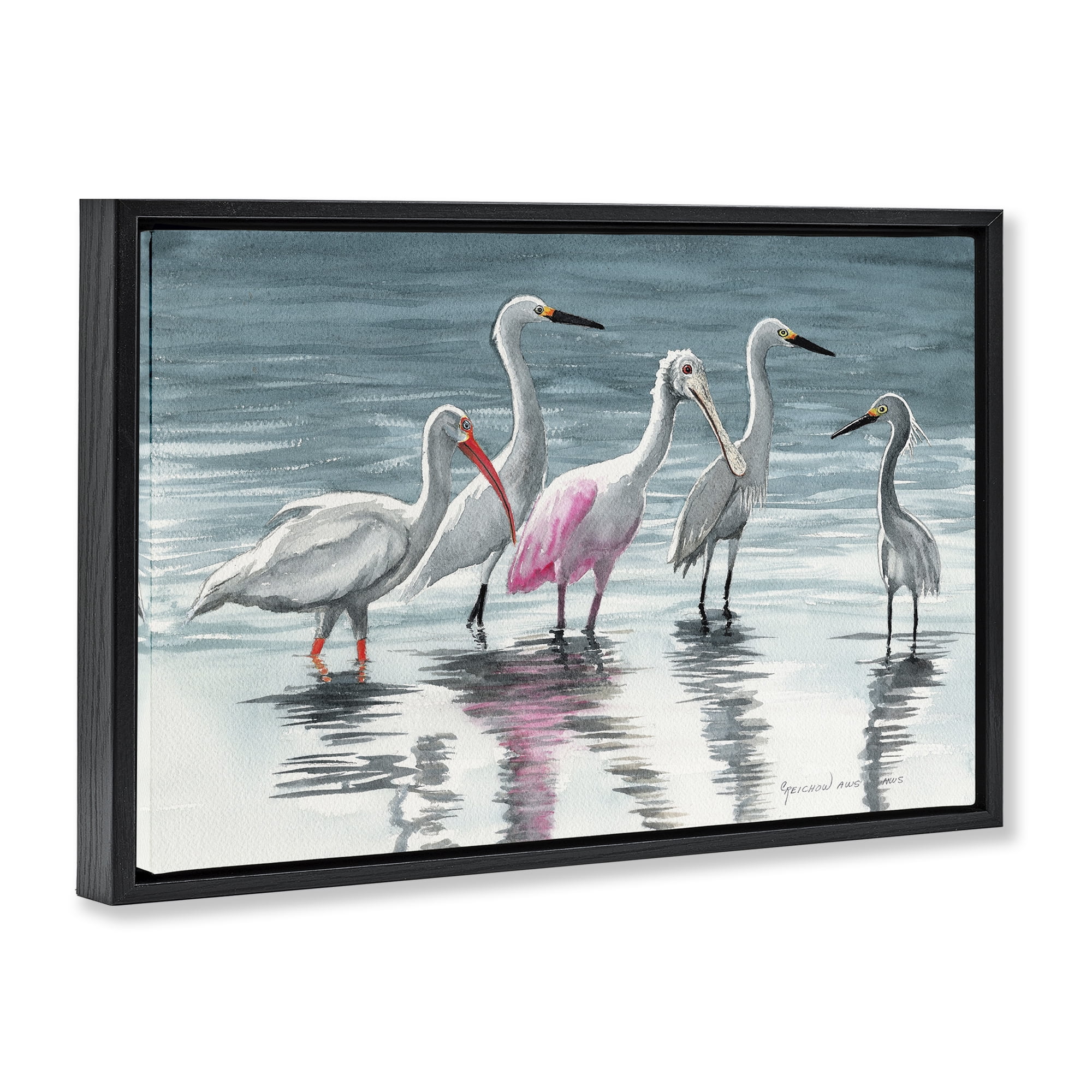Stupell Industries Herons Stepping in Shore Animals & Insects Painting Black Floater Framed Canvas Art Print Wall Art, 25 x 17