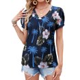 thumbnail image 4 of Nlife Women Puff Short Sleeve Hawaiian Shirts Floral Tropic Printed Top Pleated V Neck Boho T-shirt Summer Casual Trendy Boho Blouse, 4 of 9