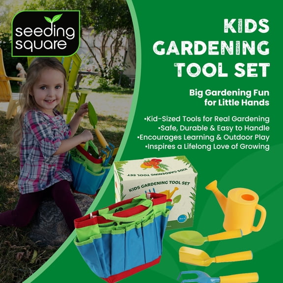 Seeding Square Kids Garden Tool Set – All-in-One Gardening Kit with Trowel, Shovel, Rake, Watering Can & Tote Bag – Durable, Safe & Fun Outdoor Activity for Children Ages 3