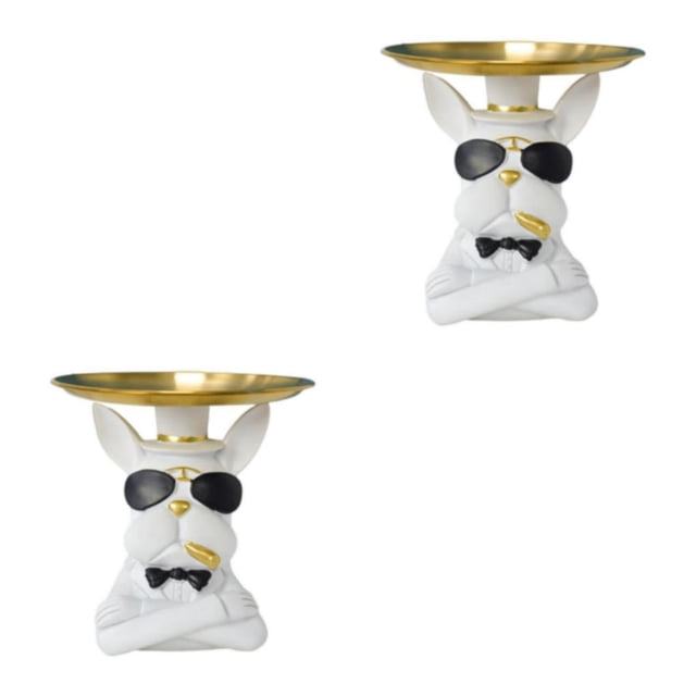 Estatua de Bulldog Bewildely Blanco 2Conjunto Bandeja de almacenamiento