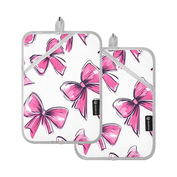 Pink Bow Hand Painted Style Oven Mitts Pot Holders 2 pcs Heat Resistant for Kitchen Baking Grilling