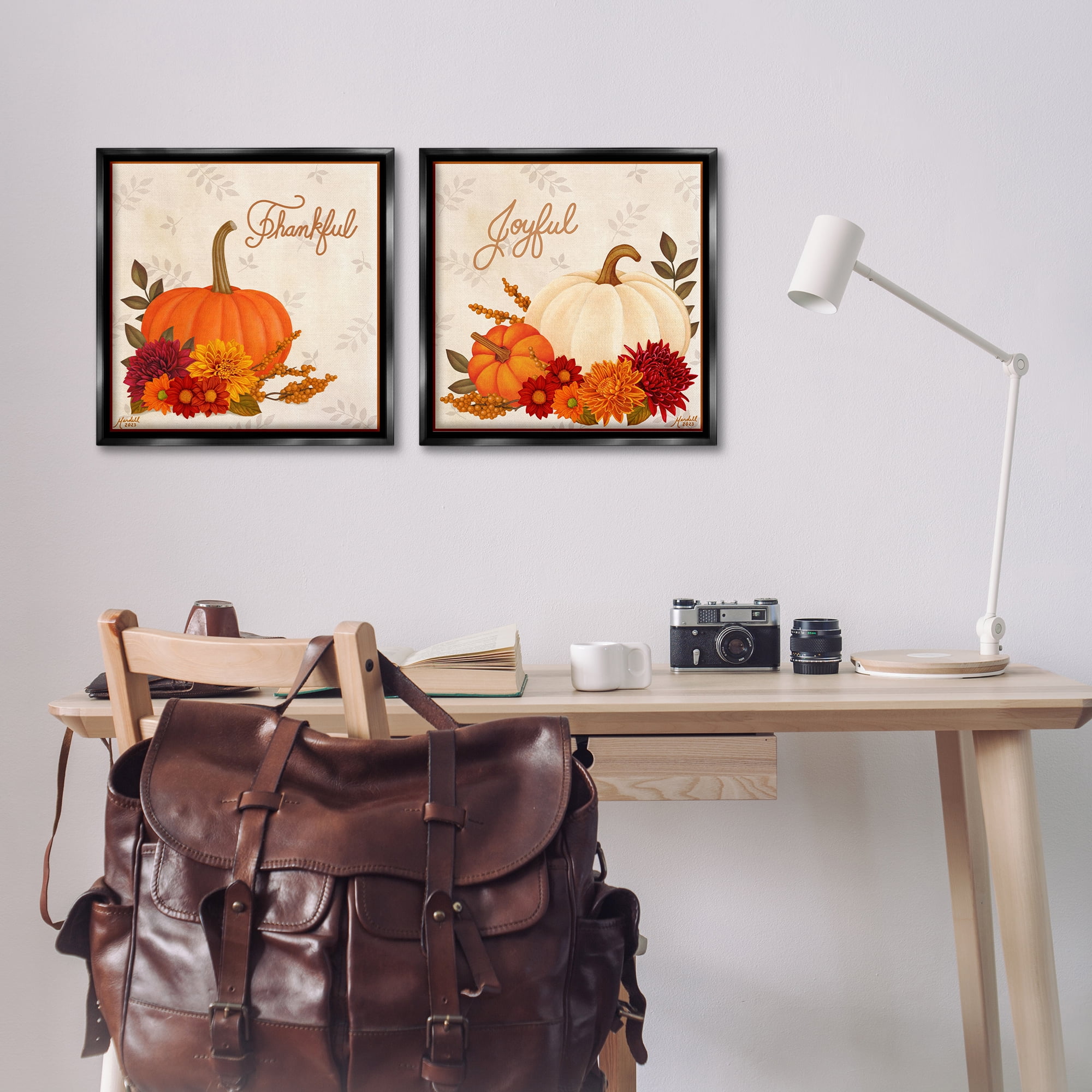 Stupell Industries Joyful Thankful Sentiment Pumpkin Holiday Painting Black Floater Framed Canvas Art Prints Wall Art, 18 x 18, Set of 2