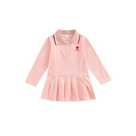 

Suanret Toddler Baby Girls Dress Embroidered Letter Heart Pattern Long Sleeve Lapel Ruffle Hem Fall Dress Pink 9-12 Months