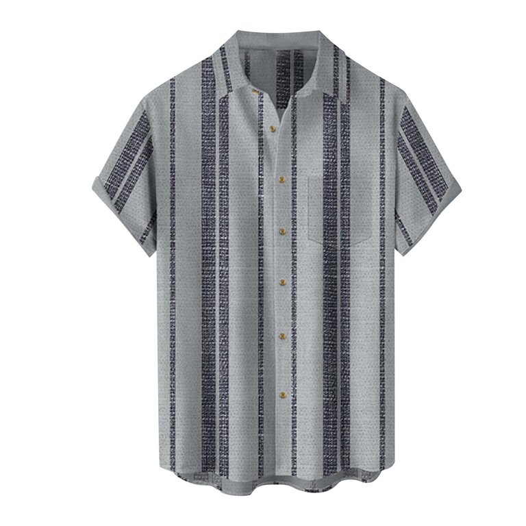 Men's Guayabera Shirt - Light Grey, 4XL, Short Sleeve Cuban Beach Shirt With Embroidery & Four Pockets