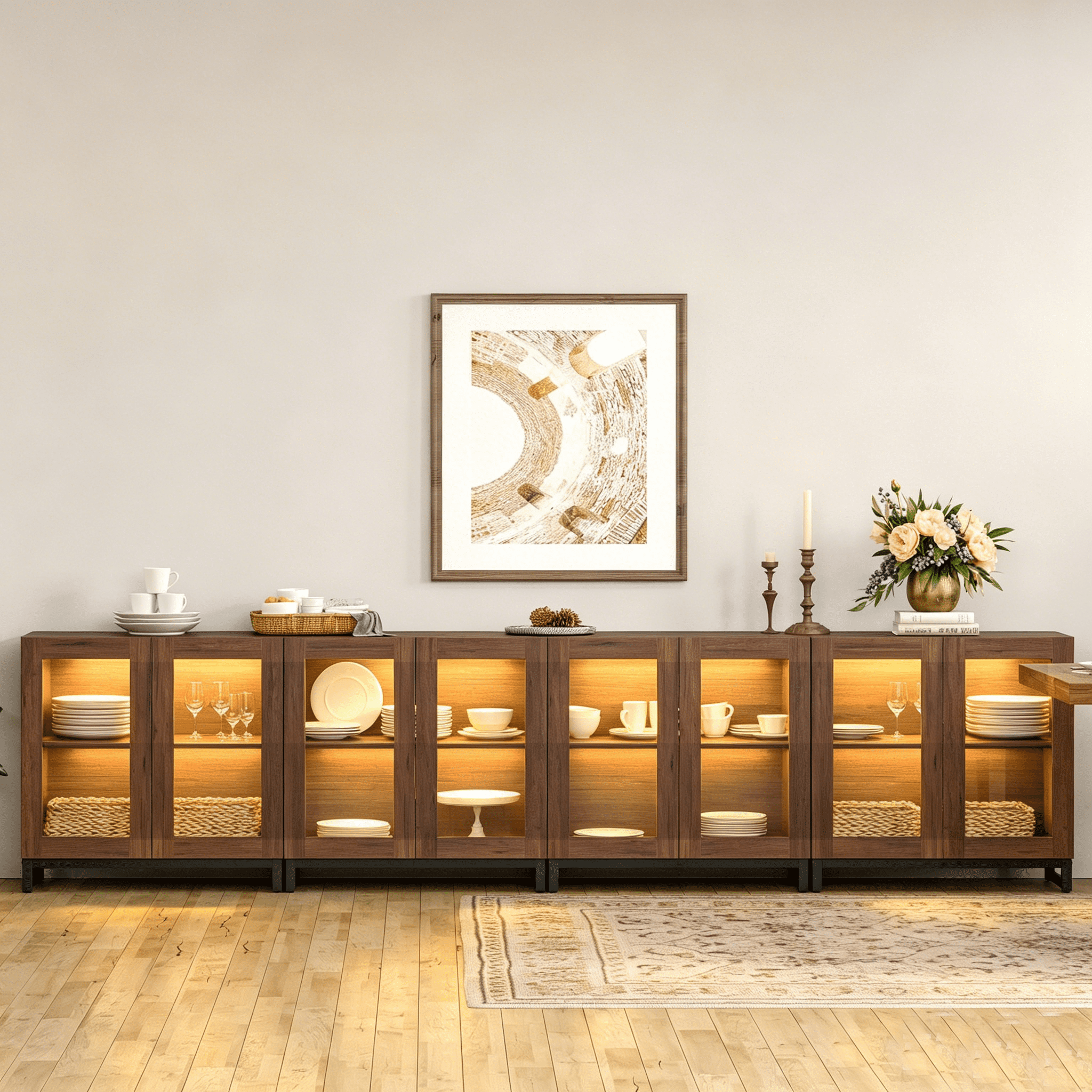 Modern Sideboard Buffet Cabinet with Glass Door & Drawer, Adjustable Shelf Credenza, Coffee Bar Storage Cabinet for Living Room & Kitchen,Brown
