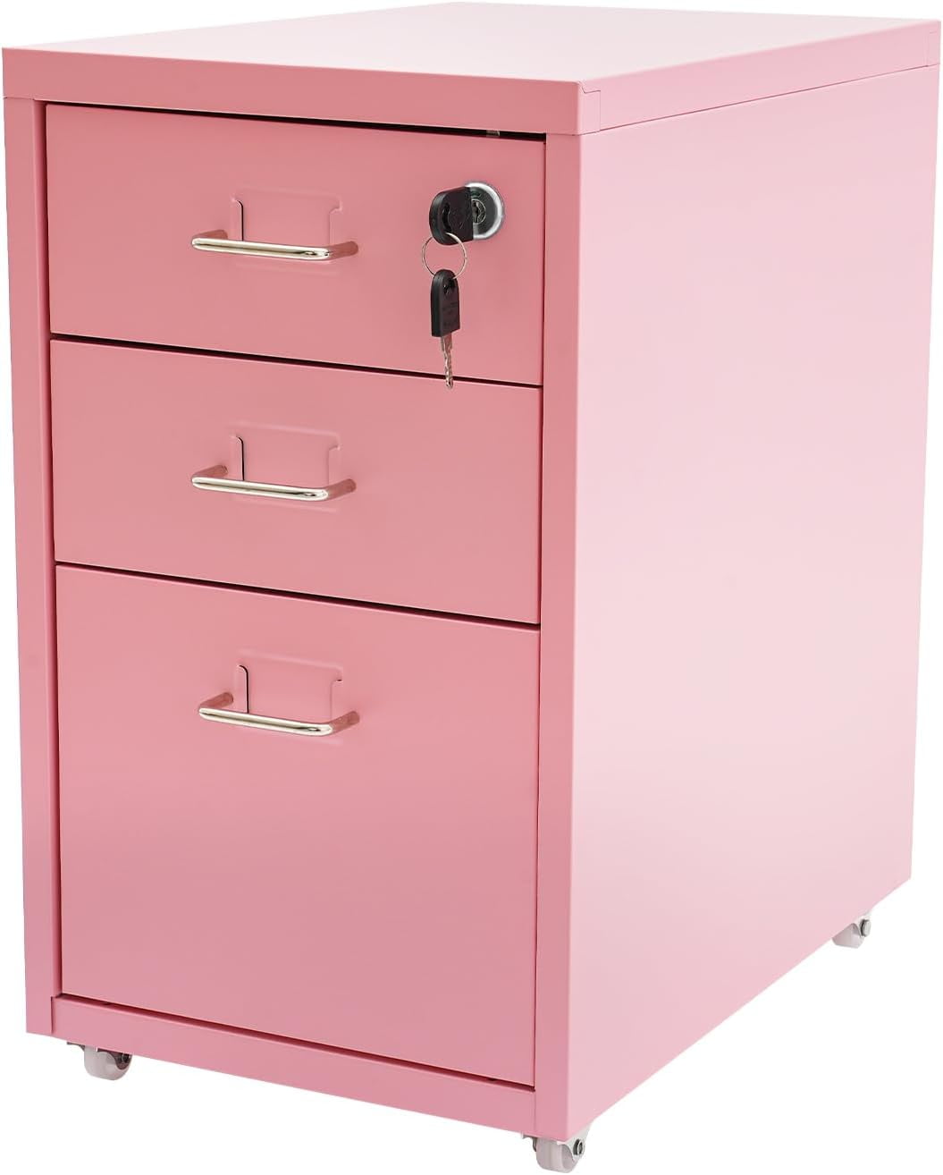 3 Drawer Pikn File Cabinet, Metal Filing Cabinets with Lock, Pink Vertical Filing Cabinet Under Desk for Home Office, Heavy Duty Metal Storage Cabinet for A4/Letter/Legal Size File