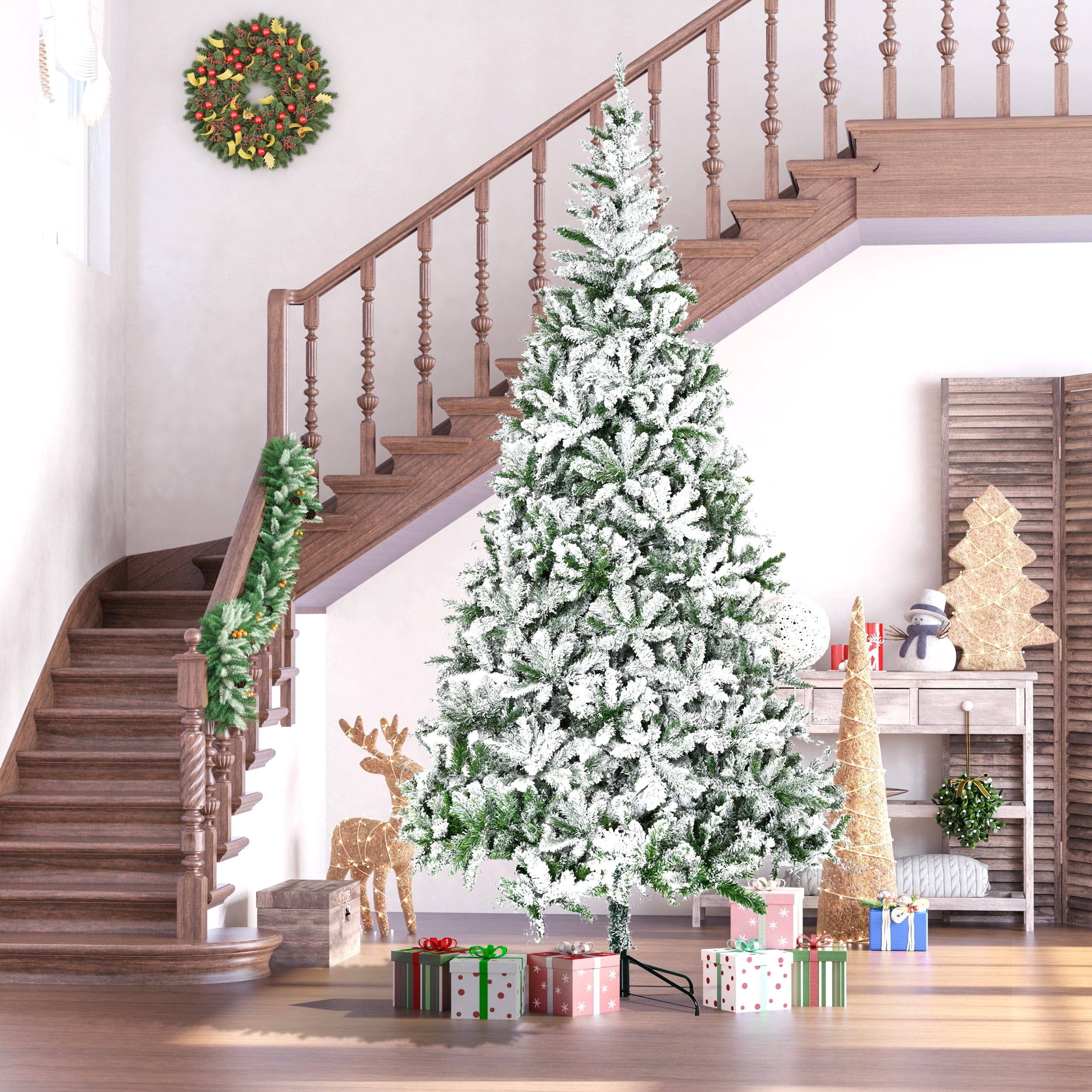 7.5ft Snow Flocked Christmas Tree Auto-Open Branches Flame Retardant Indoor Holiday Decor