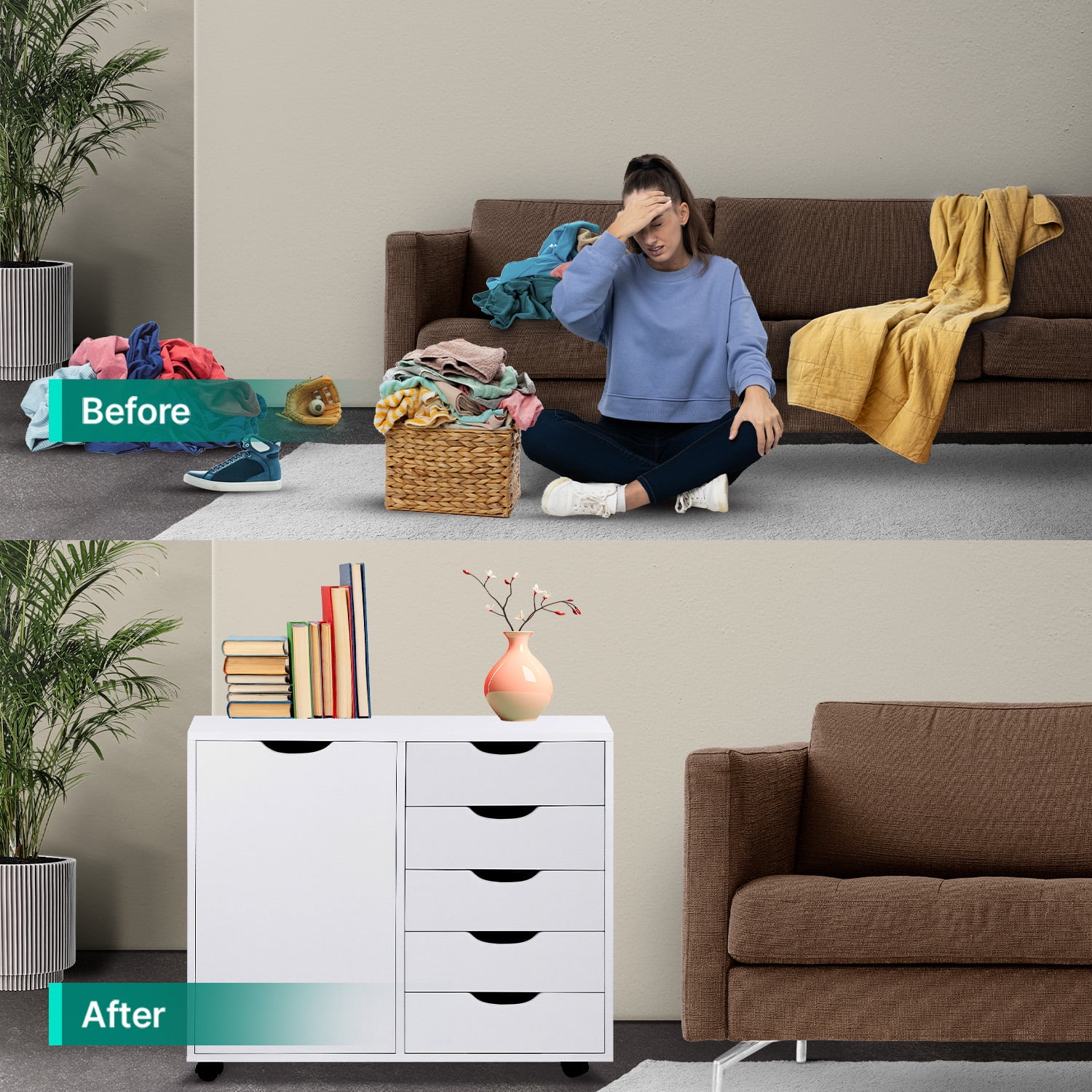 Amy 5-Drawer White Dresser – Mobile Cabinet with Drawers & Craft Storage