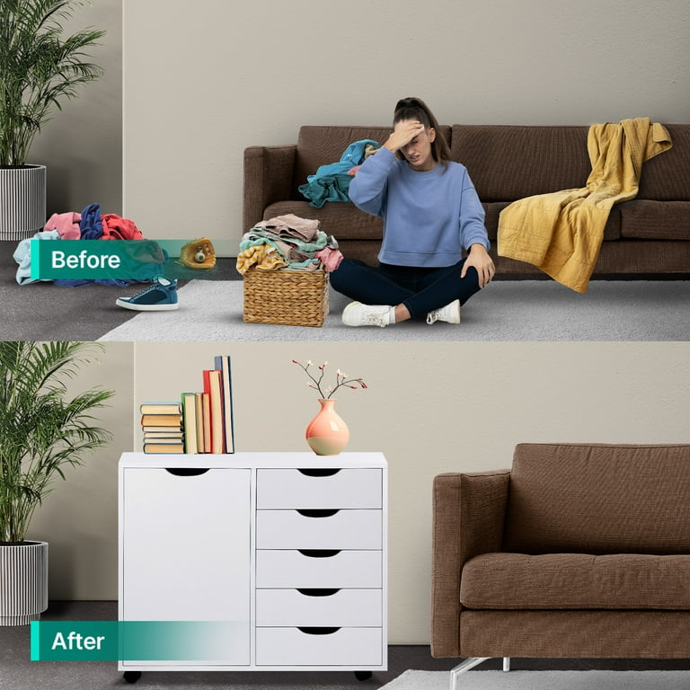 Naomi Home Amy Cassettiera 5 Cassetti Con Ruote, In Legno Bianco, Armadio Organizer Per Ufficio, Camera Da Letto, Trucchi, Capacità 81,6 Kg - 2